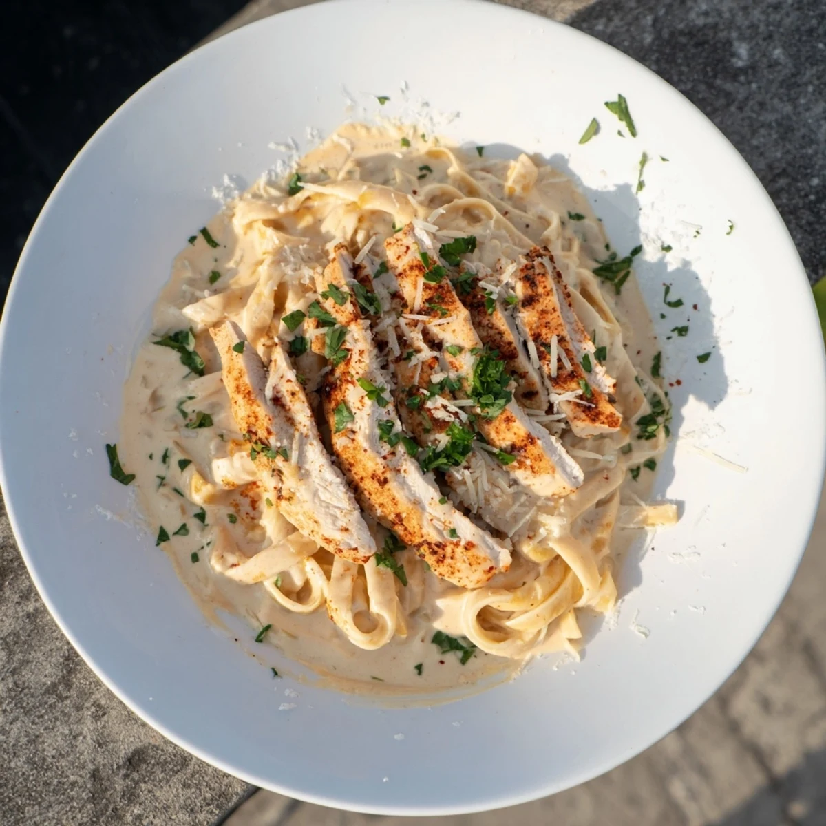 Golden Cajun Chicken Alfredo Fettuccine pasta glistens, showcasing tender chicken in creamy Velveeta sauce.