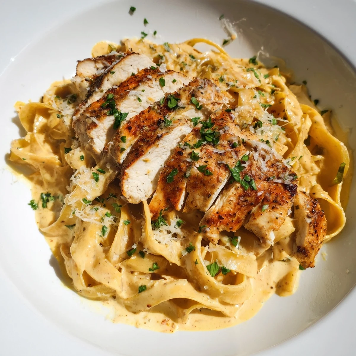 Rich Velveeta sauce coats the Cajun Chicken Alfredo Fettuccine, topped with fresh parsley and Parmesan.