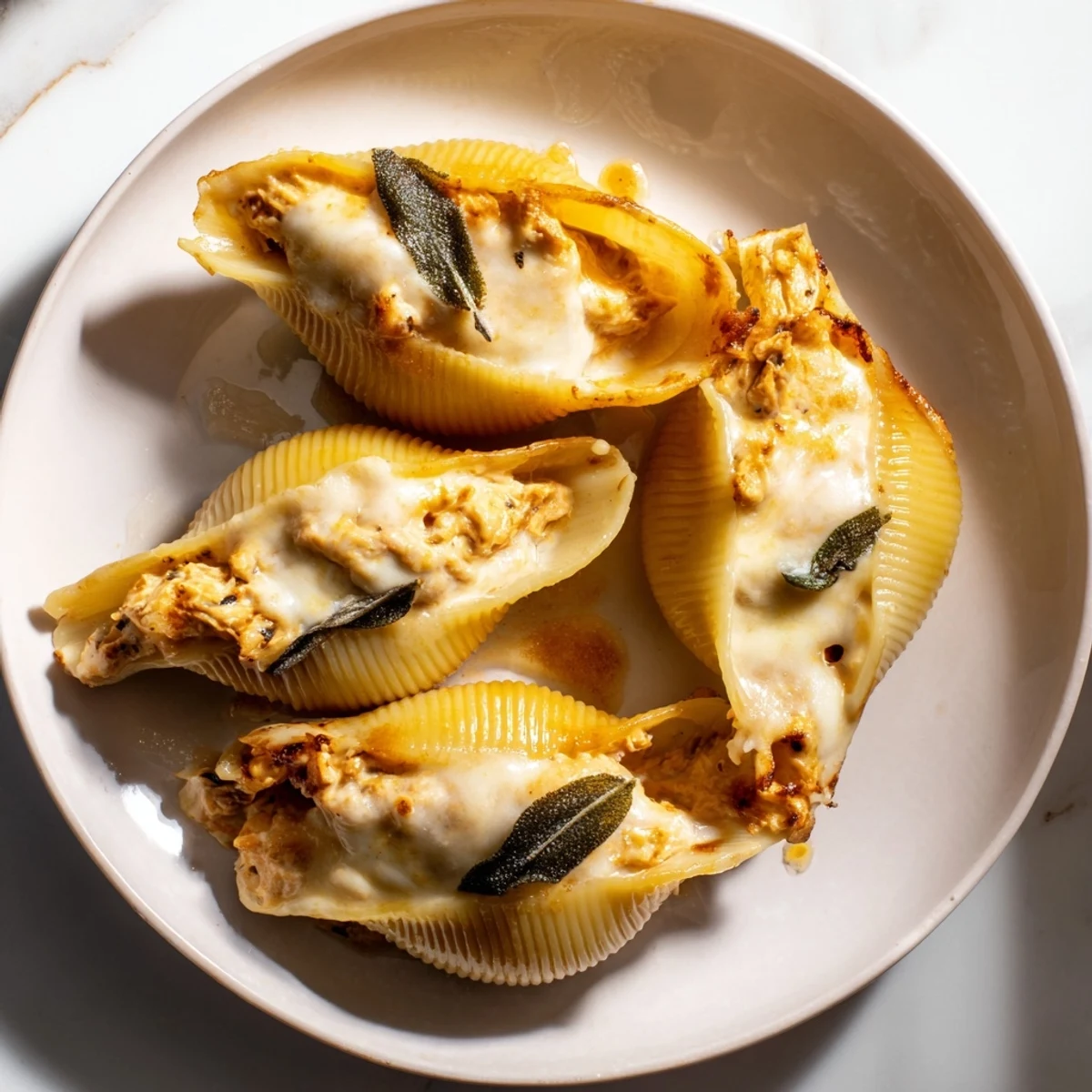 Golden, bubbly Pumpkin & Gouda Stuffed Shells, drizzled with brown butter Alfredo, ready to serve this autumn.