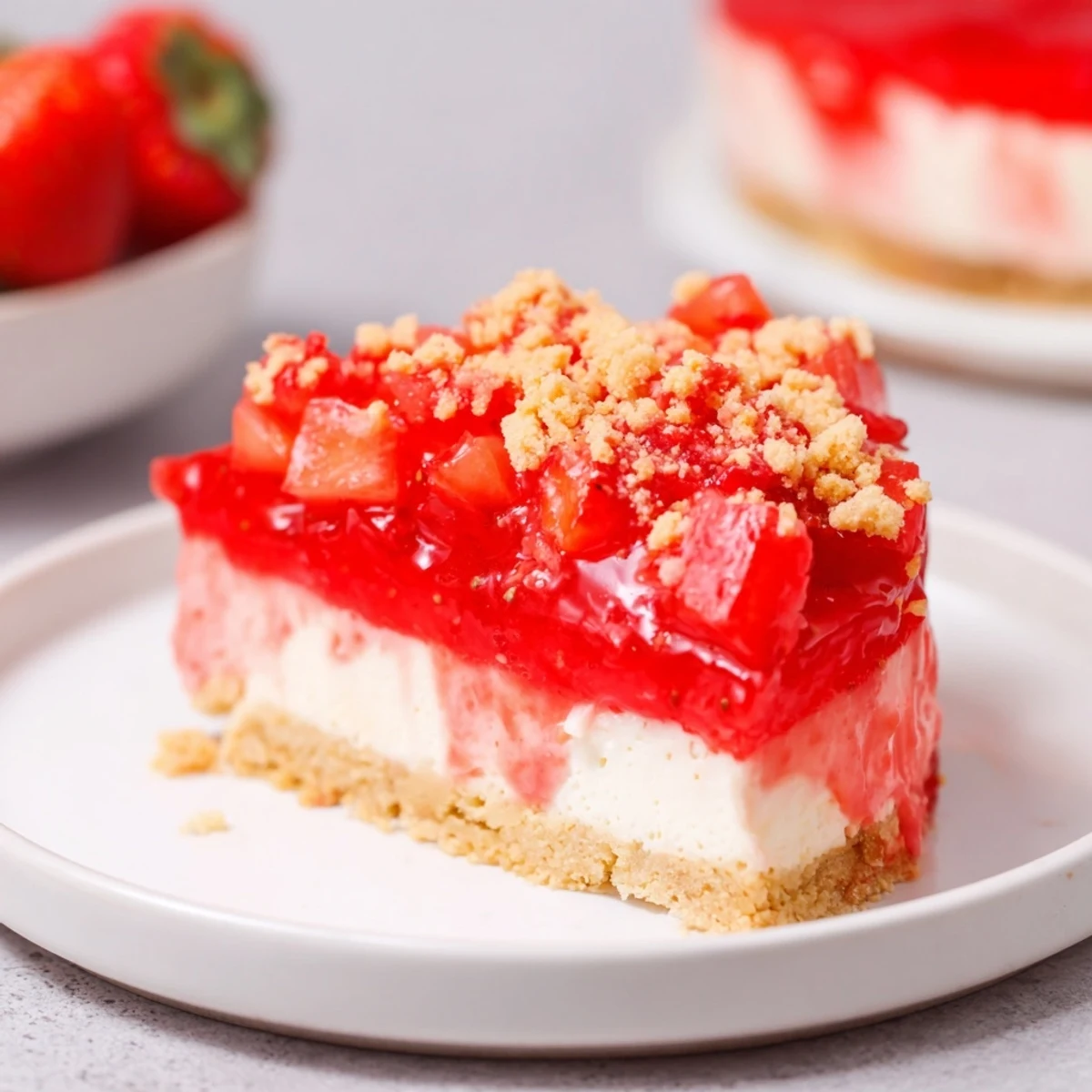 A slice of decadent Strawberry Shortcake Cheesecake showcasing its creamy layers and a crumble topping.