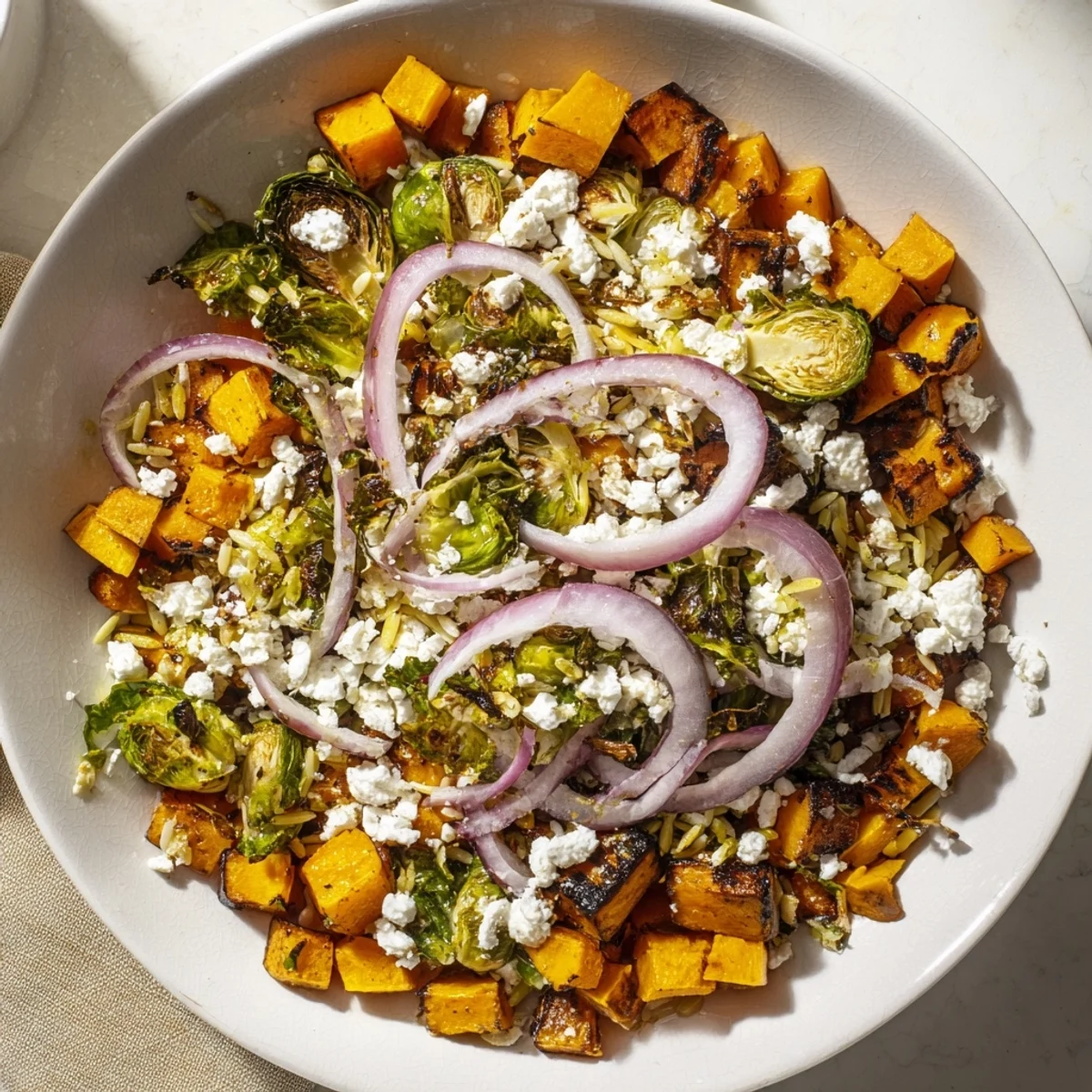 Fluffy Orzo Salad with maple balsamic in a bowl, showcasing seasonal vegetables and creamy goat cheese.