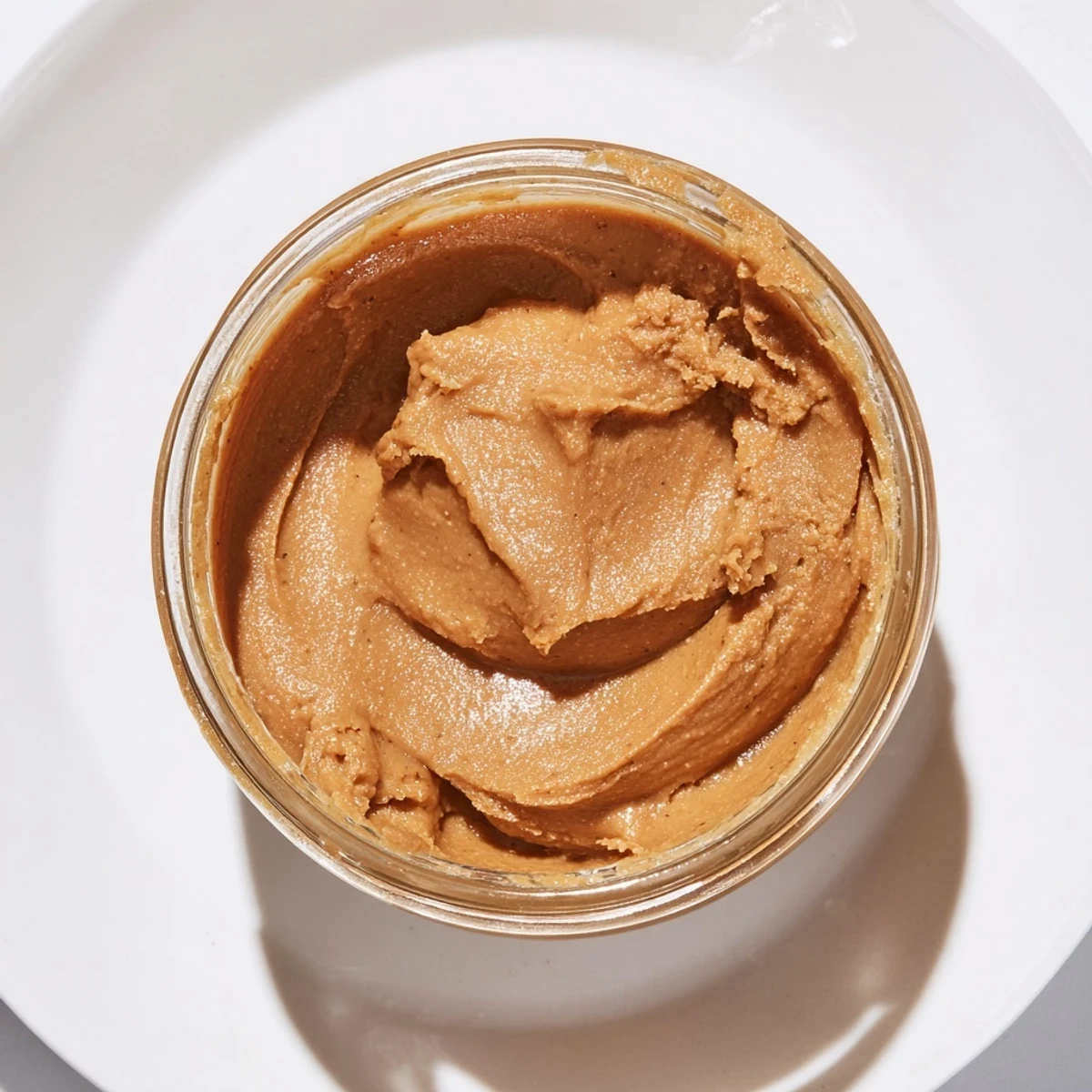 A jar of rich Quick Christmas Cookie Butter Spread, invitingly creamy with warm holiday spice aromas.