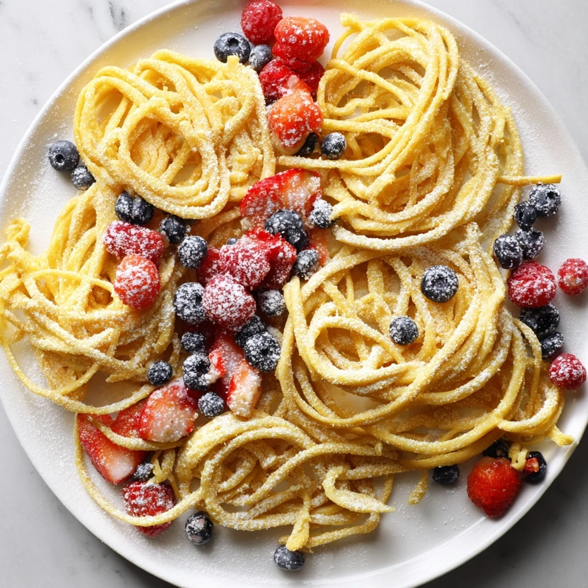 Golden pancake spaghetti, a whimsical brunch with fresh berries and powdered sugar.