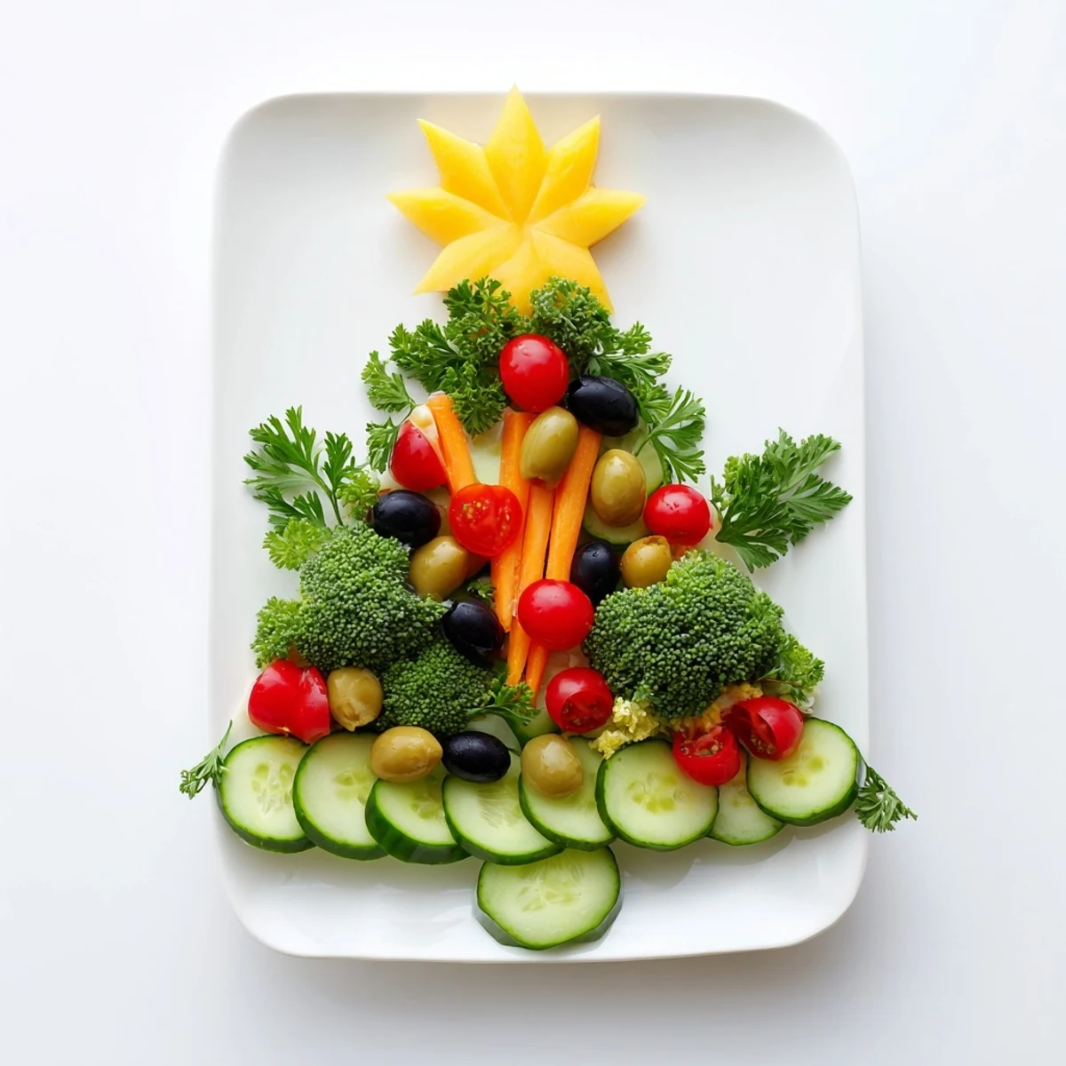 A delicious and healthy close-up of the completed Healthy Christmas Veggie Platter Tree with olives and a pepper star.