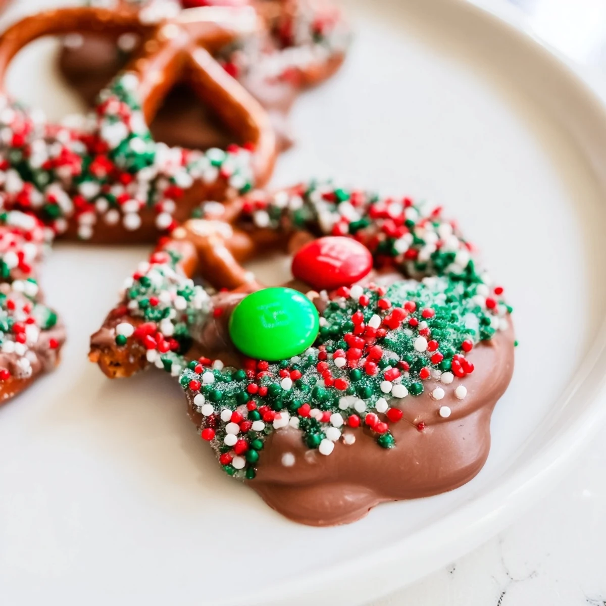 Golden, chocolate-covered Air Fryer Christmas Pretzel Bites, ready with colorful holiday sprinkles, perfect for snacking.