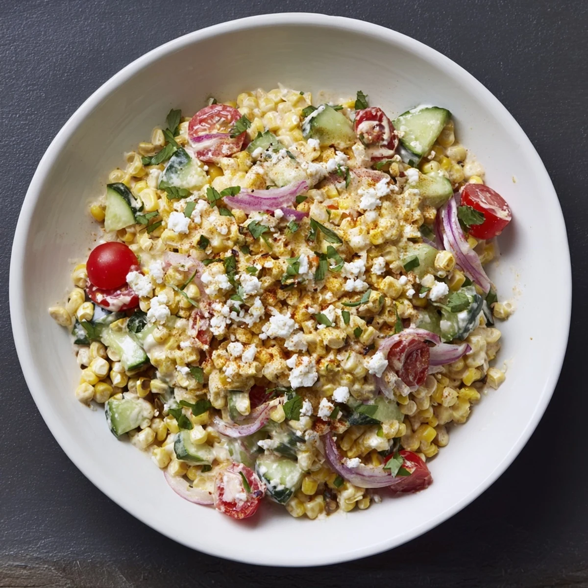 Vibrant Mexican Street Corn Chopped Salad: a colorful mix of corn and veggies ready to refresh.