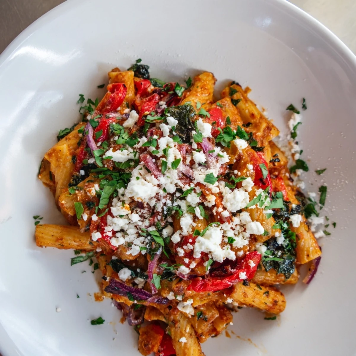 Vibrant image of Mediterranean Baked Garlic & Herb Pasta with creamy feta, perfect for dinner.