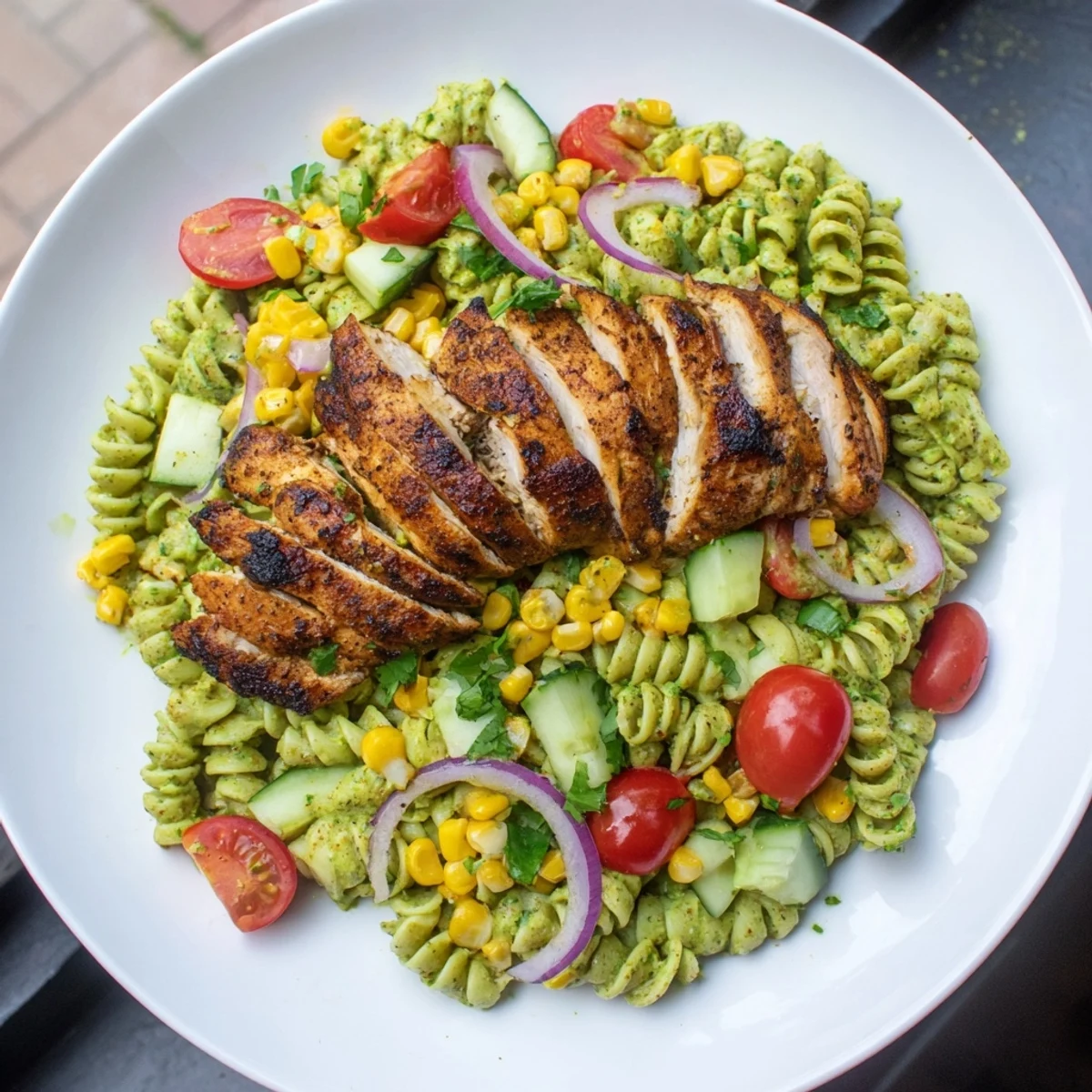 Peruvian Aji Verde Chicken Pasta Salad with vibrant colors, herbs, and tender chicken pieces.