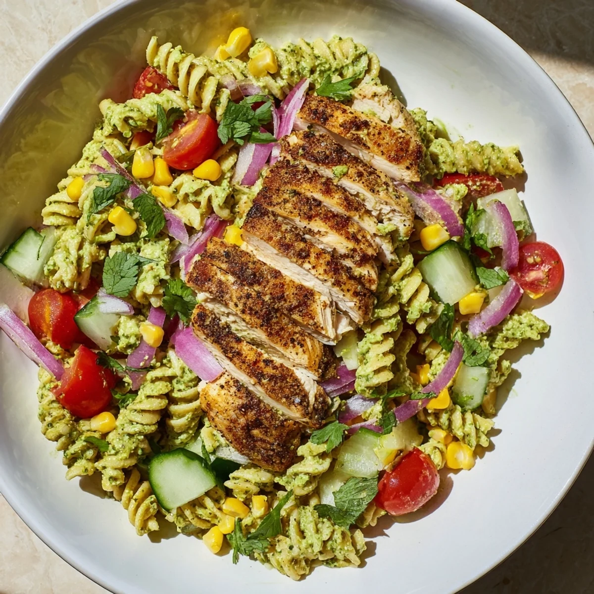 Creamy Peruvian Aji Verde Chicken Pasta Salad coated in a bright green sauce with fresh ingredients.
