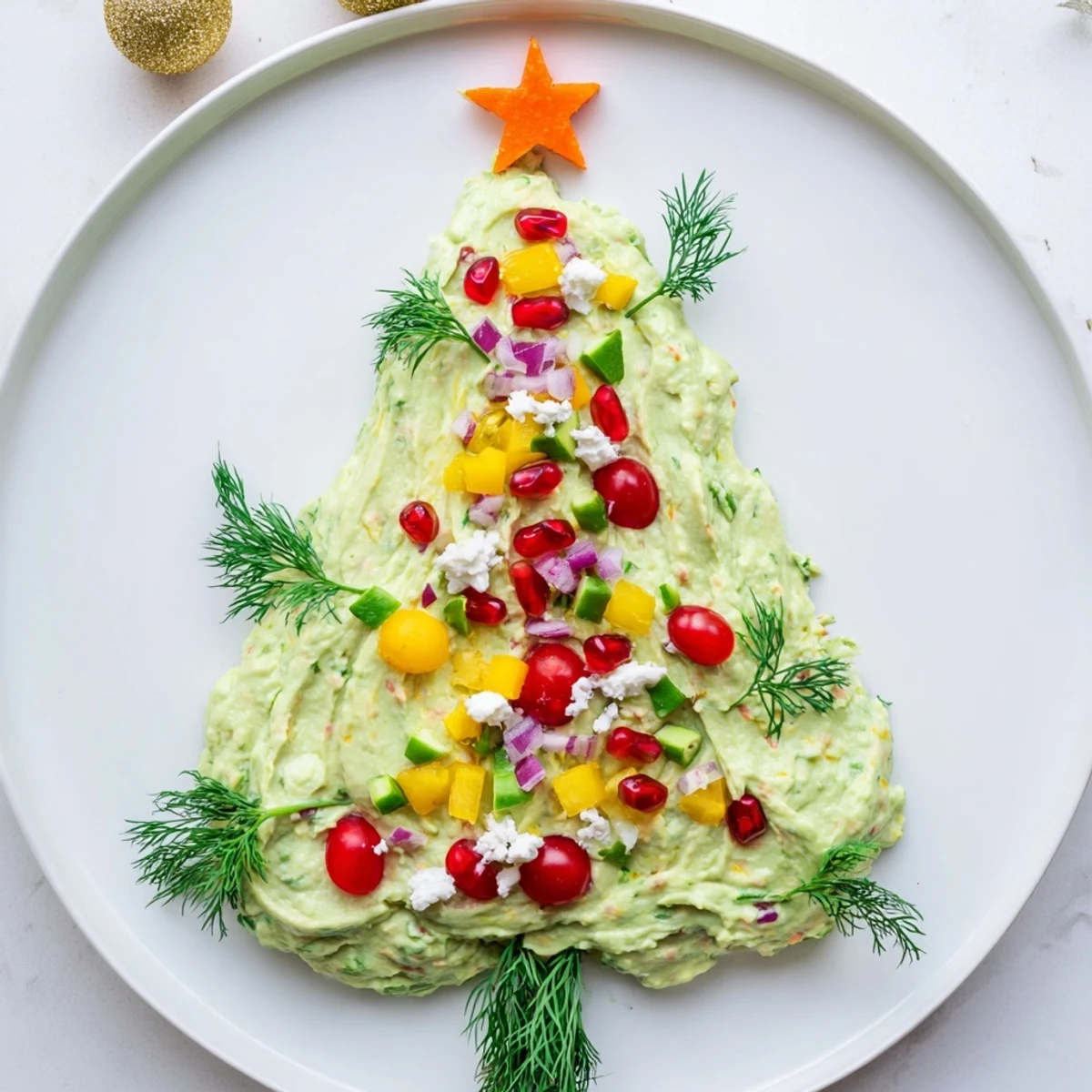 Creamy whipped avocado Christmas tree dip decorated with colorful tomatoes and peppers, perfect holiday appetizer.