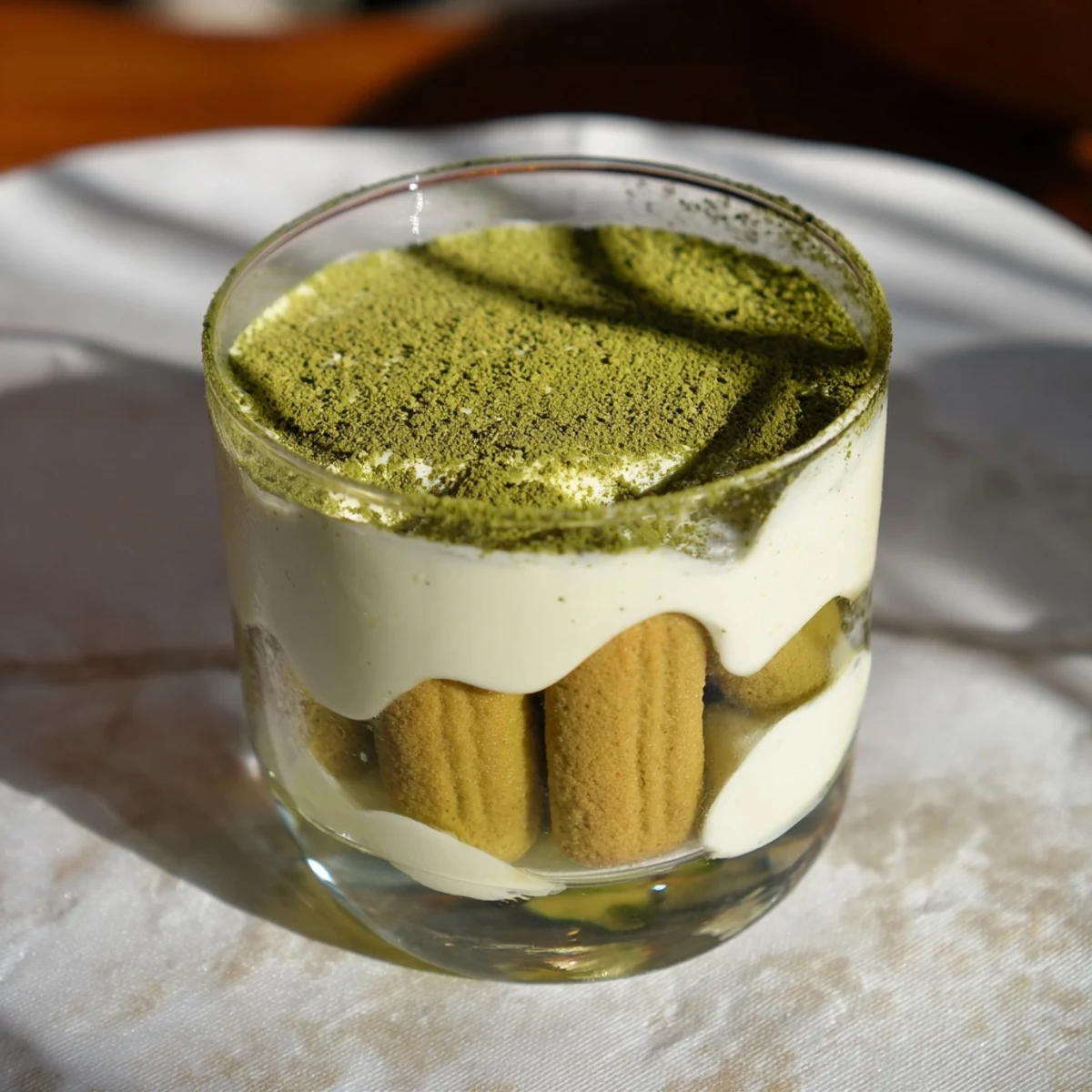 Vibrant Matcha Mascarpone Tiramisu Snow Cups, layered with creamy mascarpone for a delicious dessert.
