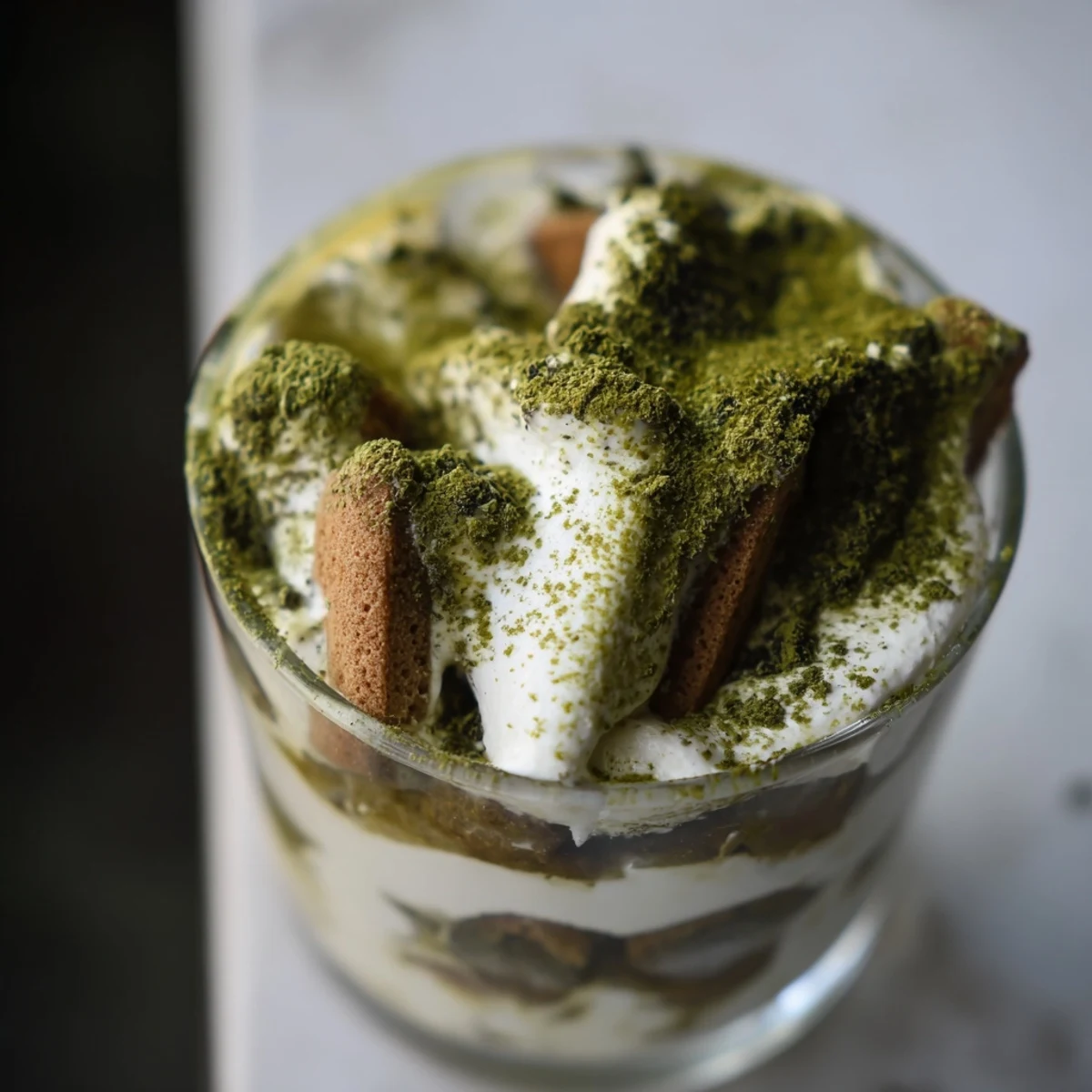 A close-up of Matcha Mascarpone Tiramisu Snow Cups, showcasing creamy layers dusted with matcha snow.