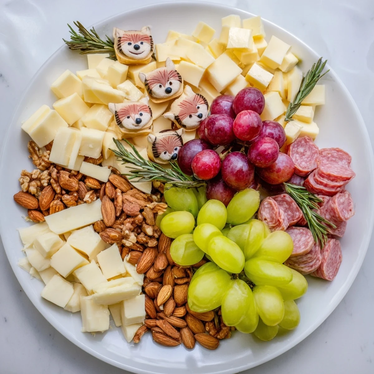 A beautiful wooden board showcases the Cozy Forest Animal Board with delightful arrangements of tasty snacks.