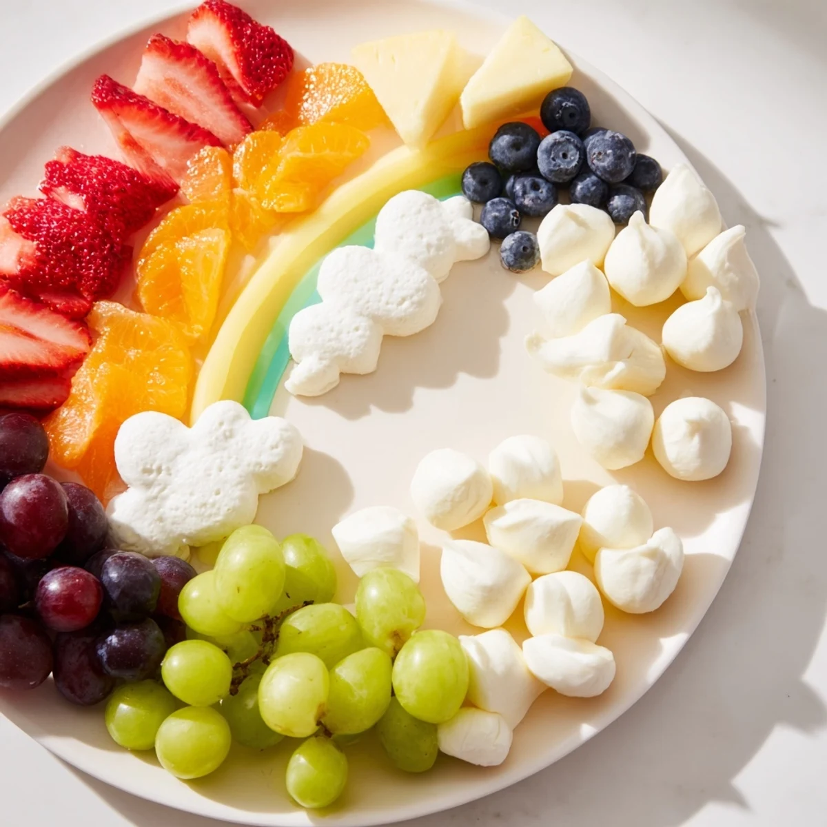Cloud & Rainbow grazing board with colorful fruits, cheeses, and treats, a party-ready arrangement.
