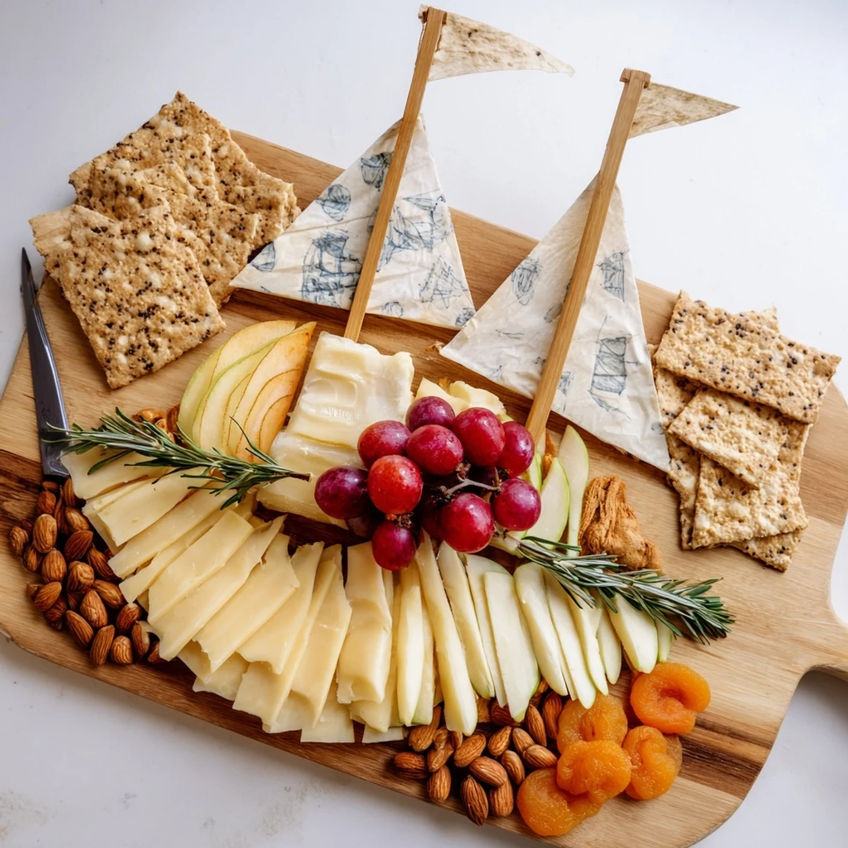 Explore a charming Sailboat Cheese Platter: a whimsical, delicious appetizer with various cheeses and crackers.