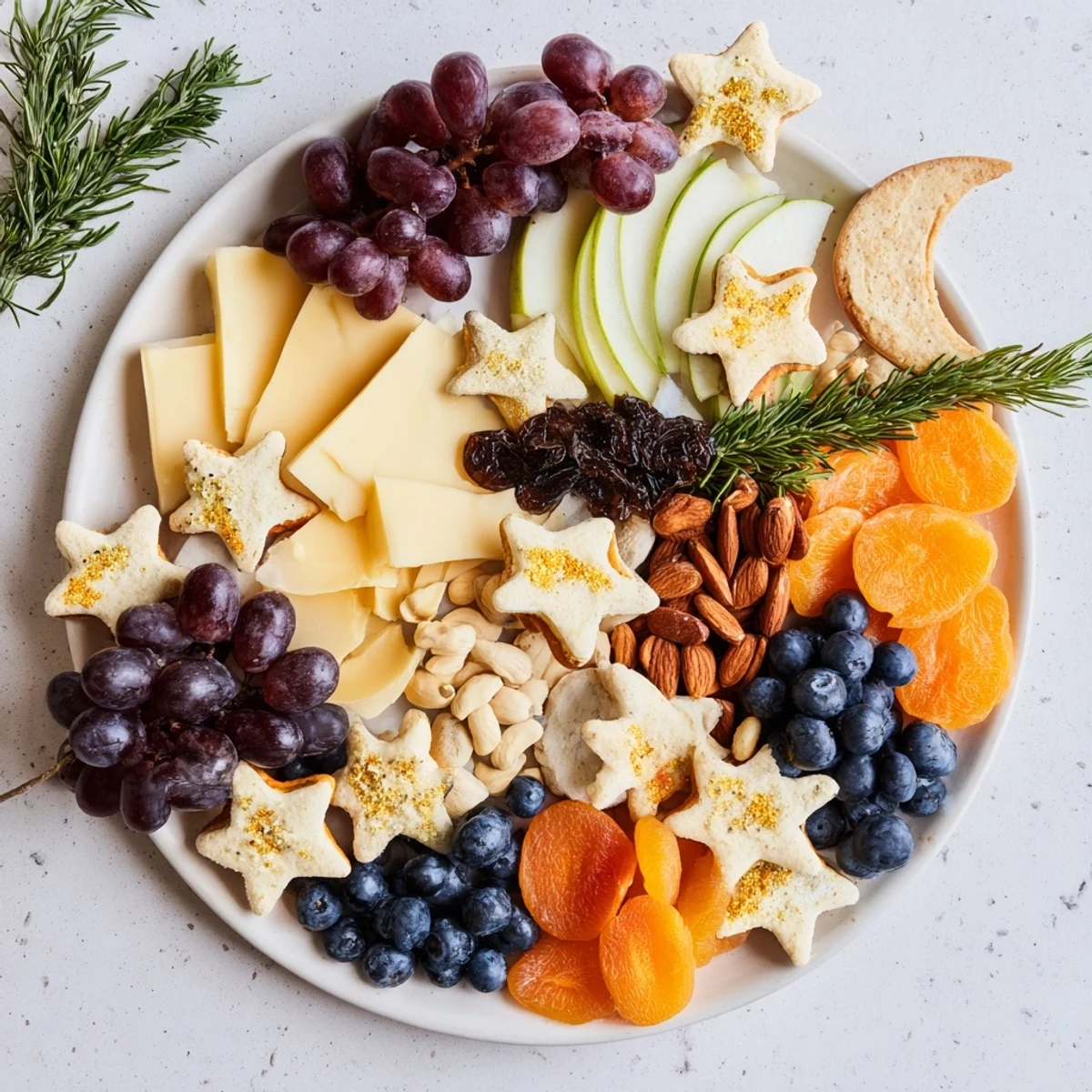 Close-up of a Moon & Stars Night Board with cheeses, fruits, and star-shaped crackers, ready to serve.