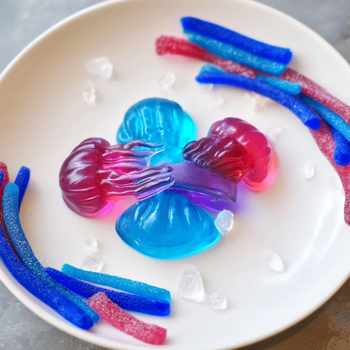 Jellyfish Candy Platter: A vibrant dessert platter, featuring colorful gummies and ocean-themed treats, ready to serve.