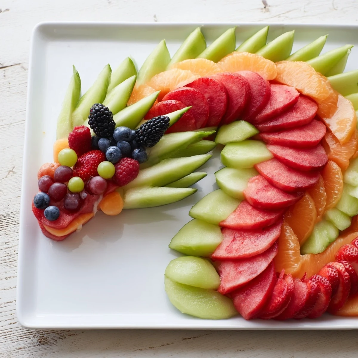 Vibrant Dragon-Shaped Fruit Tray, a stunning party platter overflowing with colorful, juicy fresh fruit.