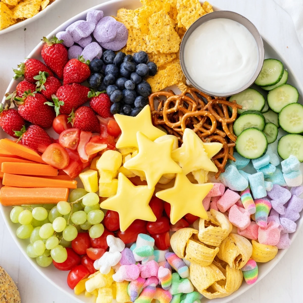 Vibrant Unicorn Party Platter: a rainbow of fresh fruits, veggies, and magical treats for sharing.