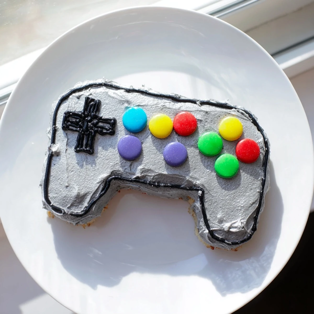 A colorful pixel perfect video game controller cake, frosted and decorated for a fun party dessert.