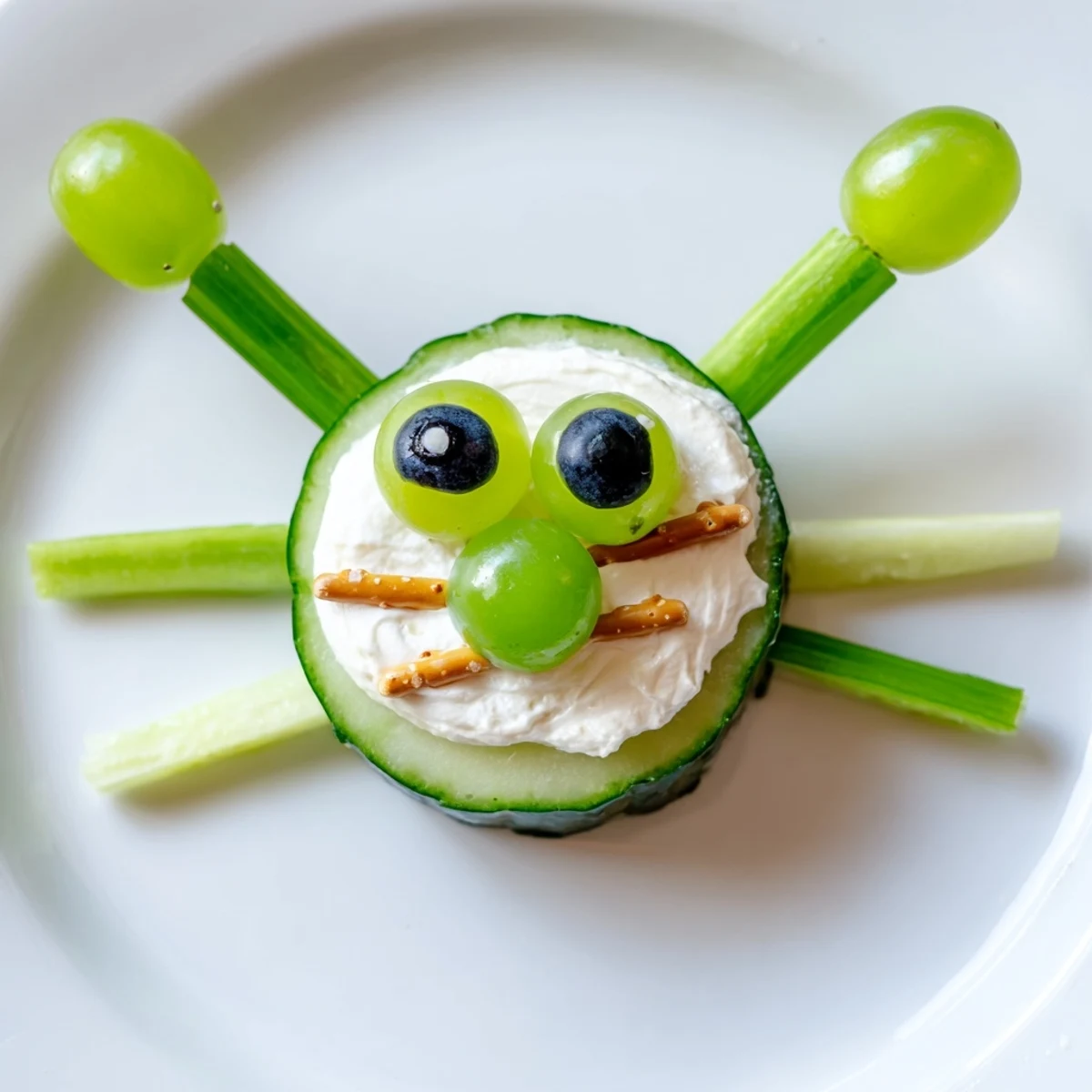 Festive Little Green Men Alien Snack Attack: a healthy, kid-friendly snack with grapes and pretzels.