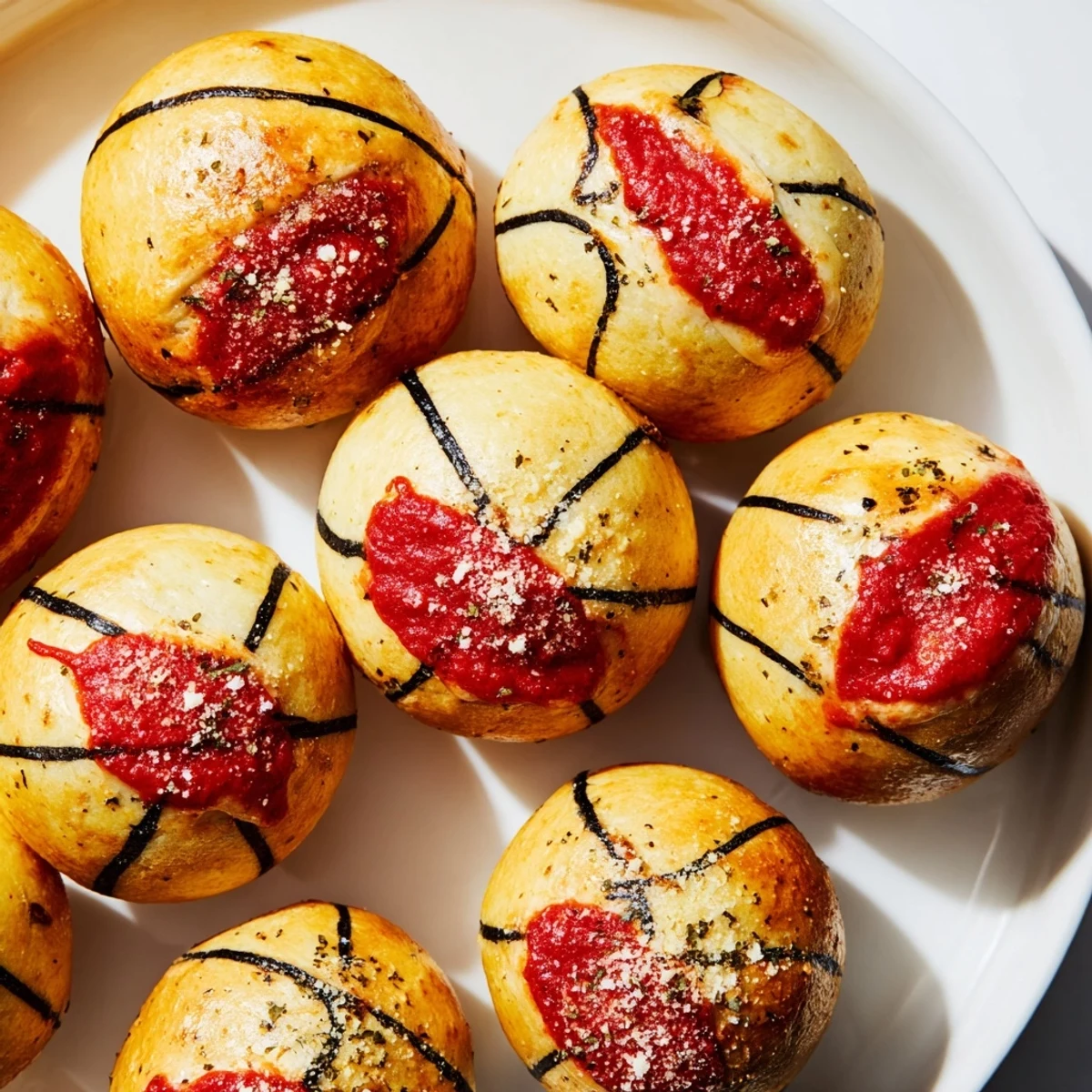 Golden-brown Slam Dunk Basketball Pizza Bites, ready to enjoy with a side of warm pizza sauce.