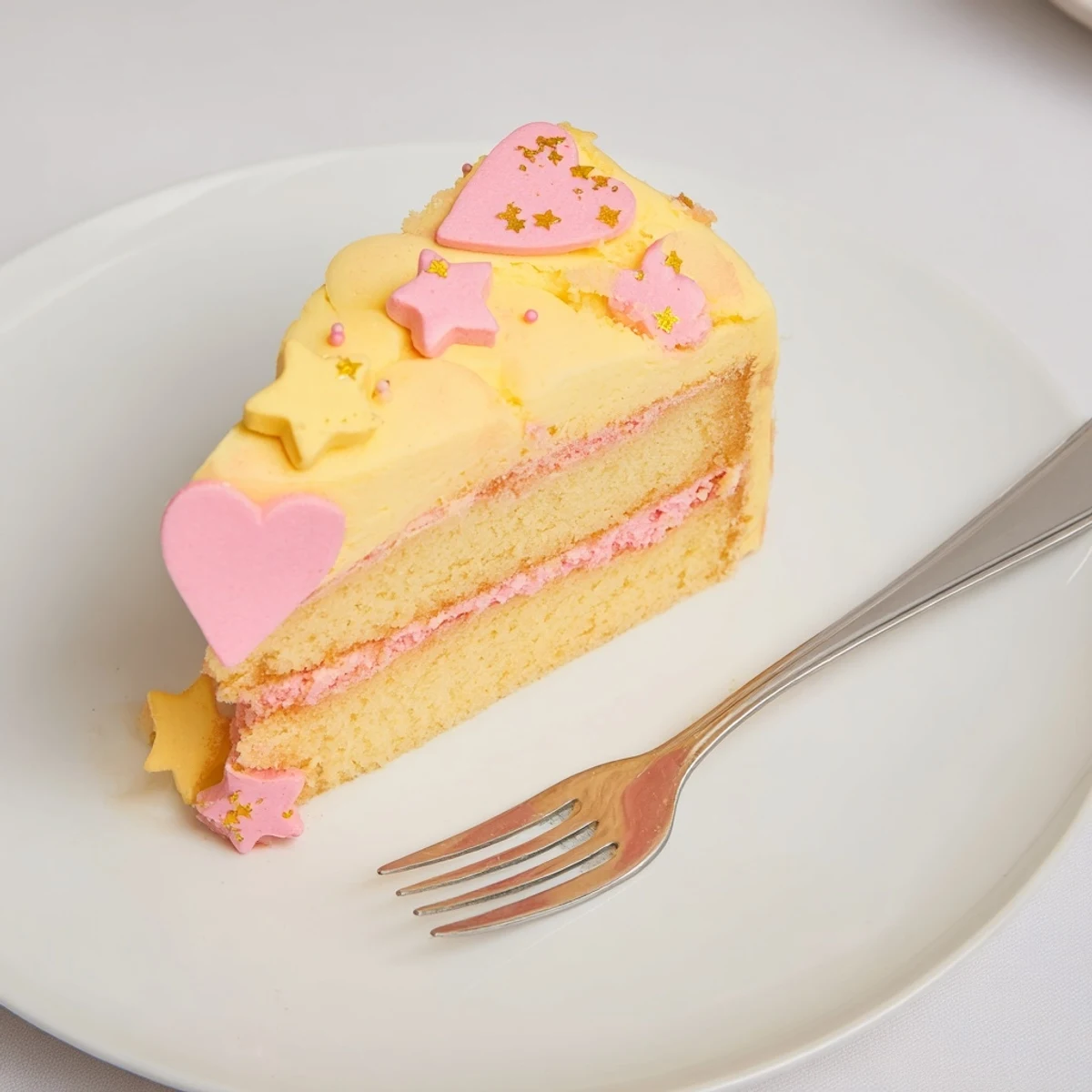 A layered Château de Princesse Cœurs et Étoiles cake with heart and star sprinkles, ready to serve.