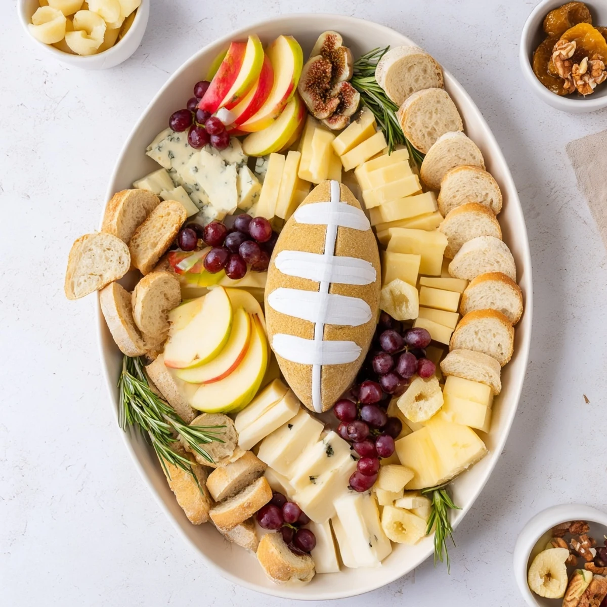Rugby Ball Cheese Board: A vibrant, artful platter with French cheeses, fruits, and charcuterie awaiting enjoyment.