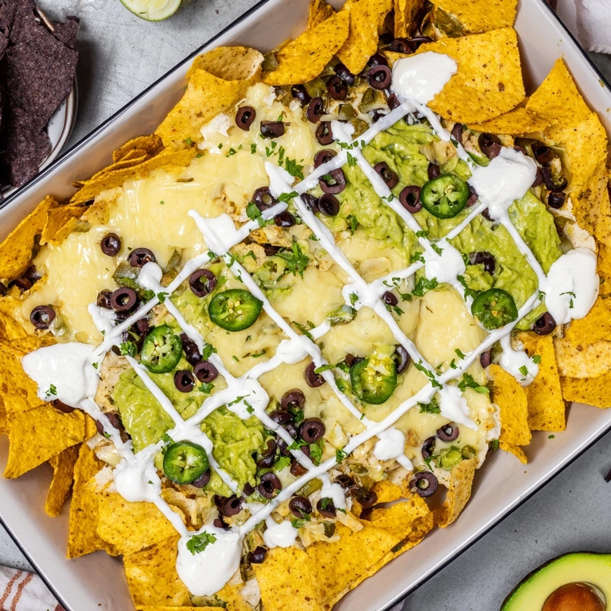 Golden, bubbly Football Field Nacho Platter, perfect for game day, with melted cheese and fresh toppings.