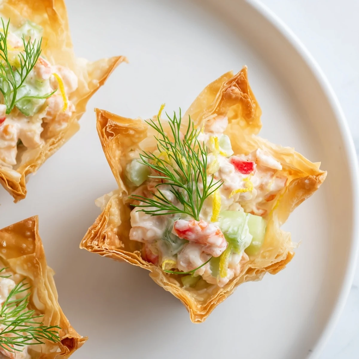Crispy phyllo Mini Star Cocktail Cups overflowing with a fresh shrimp and vegetable filling, ready to eat.