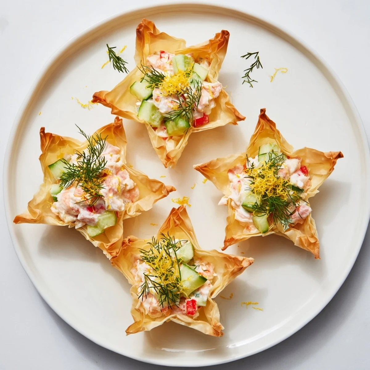 Golden Mini Star Cocktail Cups filled with creamy shrimp salad, a delightful appetizer choice.