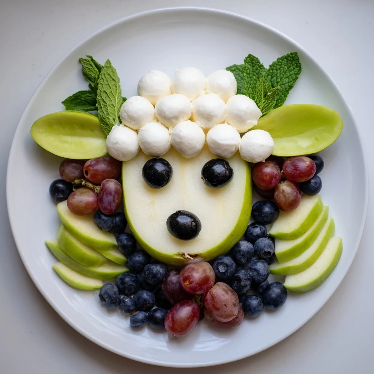 A delightful lamb face fruit and cheese platter, perfect for a party, with colorful, fresh fruit and cheese.