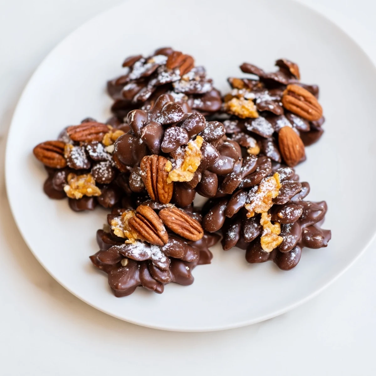 Golden, crunchy Pinecone Chocolate Nut Clusters dusted with powdered sugar, ready to eat.