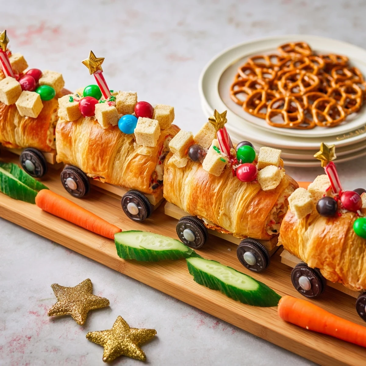 A delicious Polar Express Train Treat Board featuring mini sandwiches and various sweet treats, ready to serve and enjoy.