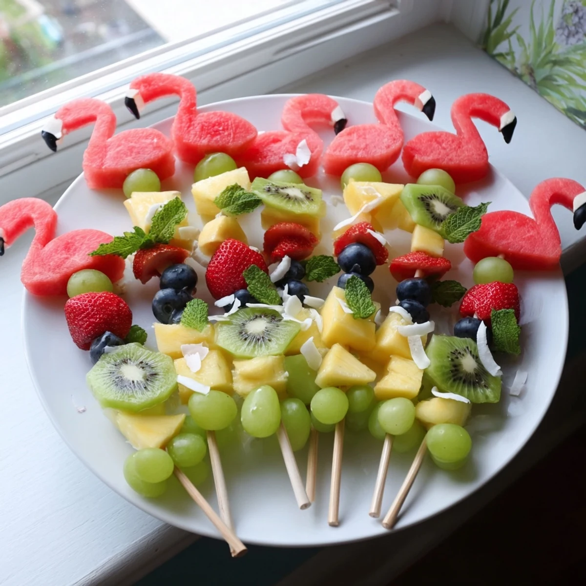 Delicious Flamingo Fruit Skewer Platter, a delightful mix of juicy fruits, ready to be enjoyed with lime wedges.