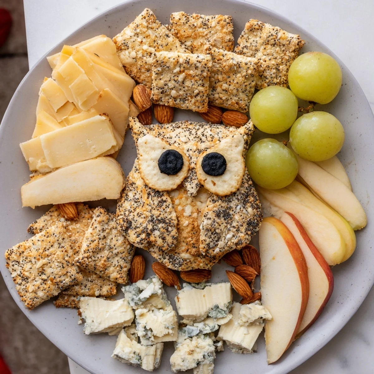 A beautifully arranged Owl Cracker and Cheese Board featuring various cheeses, fruits, and crunchy crackers.