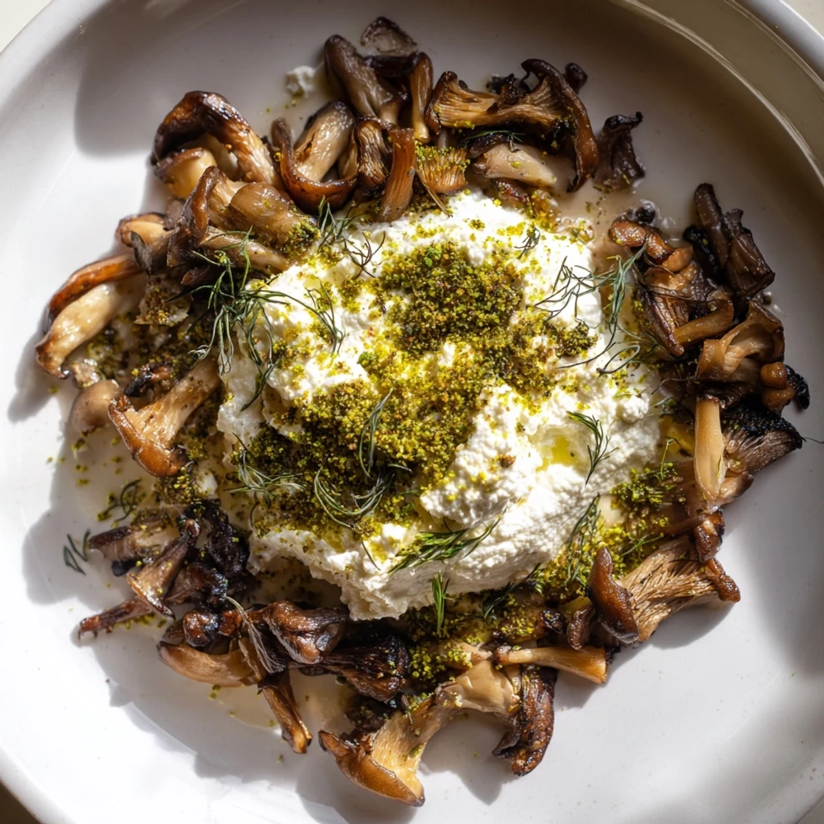 Sizzling sautéed mushrooms on a Cottagecore platter with herb moss, featuring vibrant veggie garnishes.