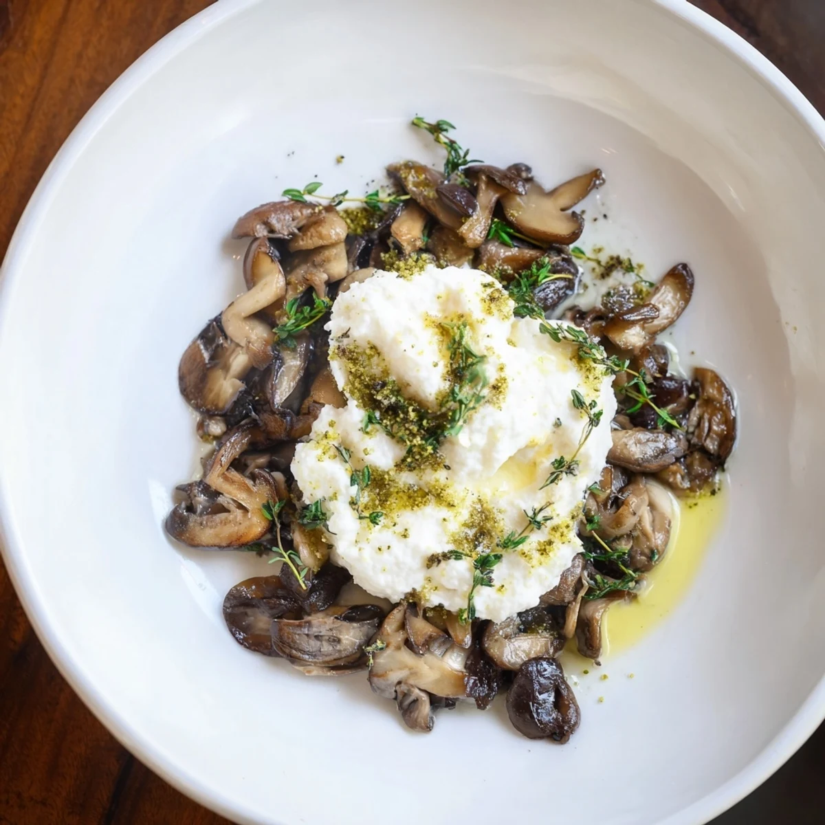 A rustic Cottagecore: Mushroom and Moss Savory Platter with creamy goat cheese, inviting textures ready to share.