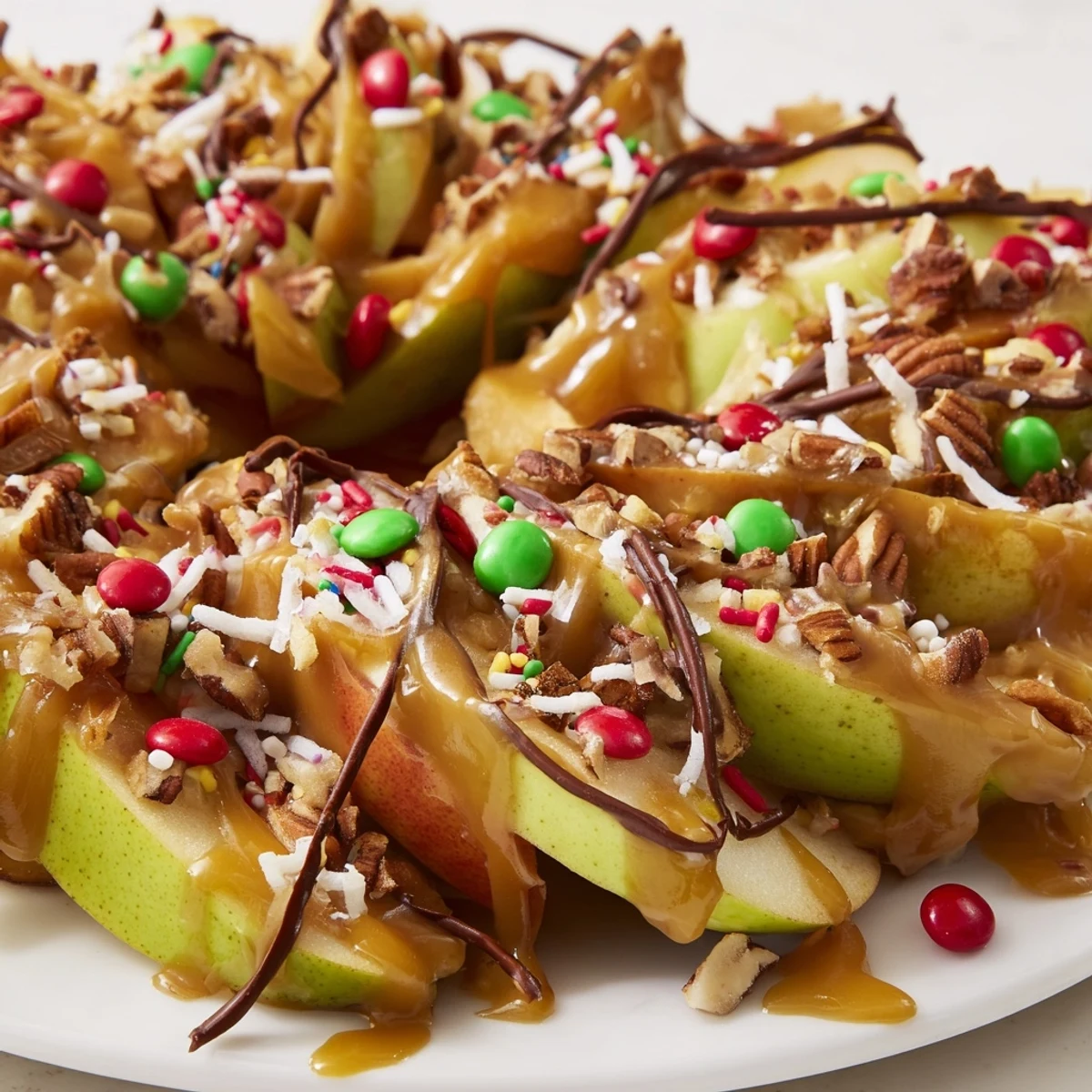 Gooey caramel coats crisp apple slices in this homemade Caramel Apple Slice Christmas Wreath, perfect for sharing.