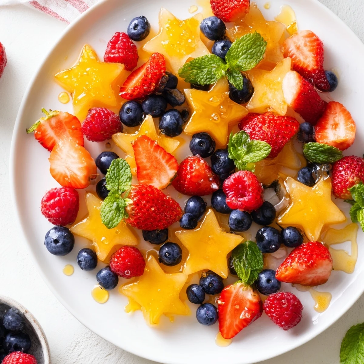 Starfruit and berry platter arranged attractively, a colorful and healthy vegan snack ready to enjoy.