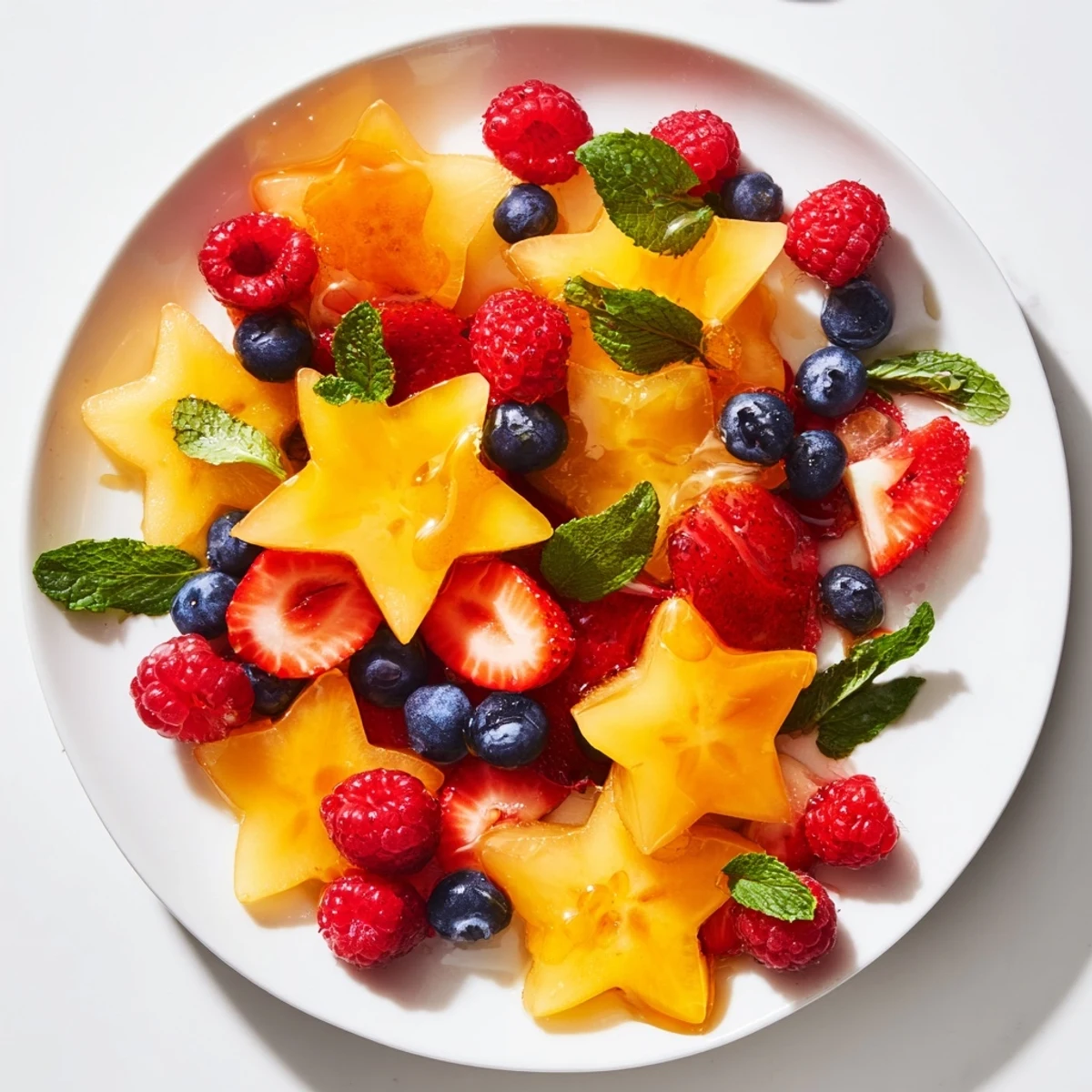 A close-up of a starfruit and berry platter, a light, refreshing, and beautiful vegan dessert option.