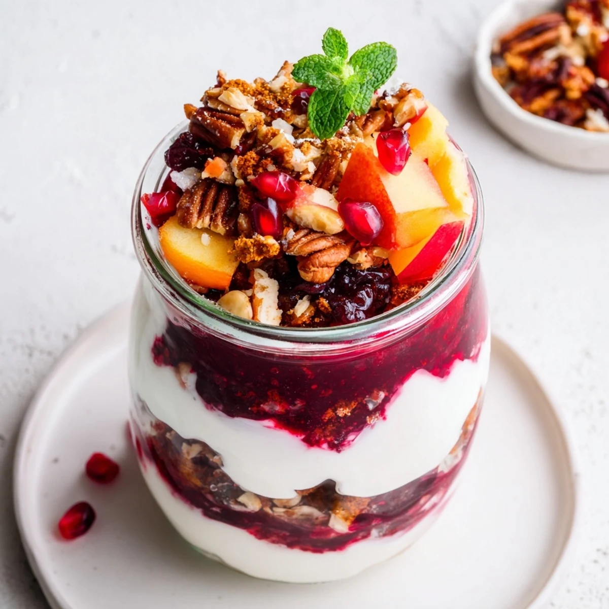 Christmas Pudding Yogurt Parfait Bar layers, a vibrant brunch option with spiced flavors and toppings.