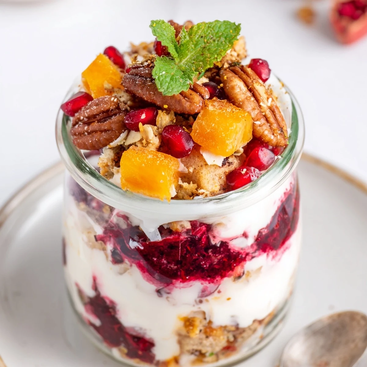 Creamy Greek yogurt and crumbled Christmas pudding layered in a parfait, ready for your bar.