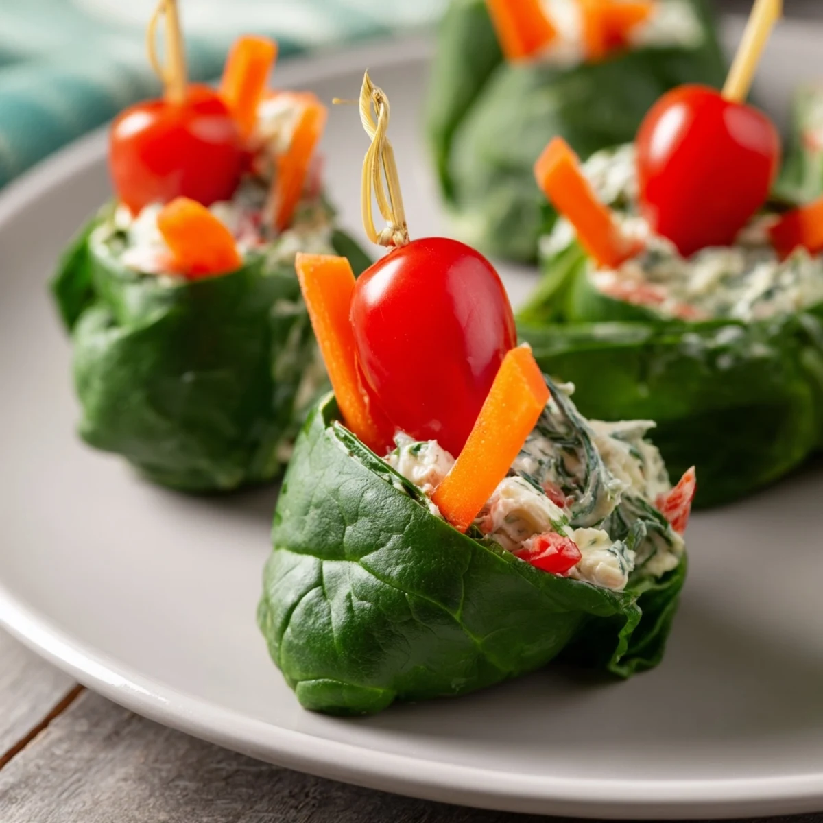 Filled holly leaf spinach wraps, showing a creamy herbed cheese filling and vibrant carrot strips.