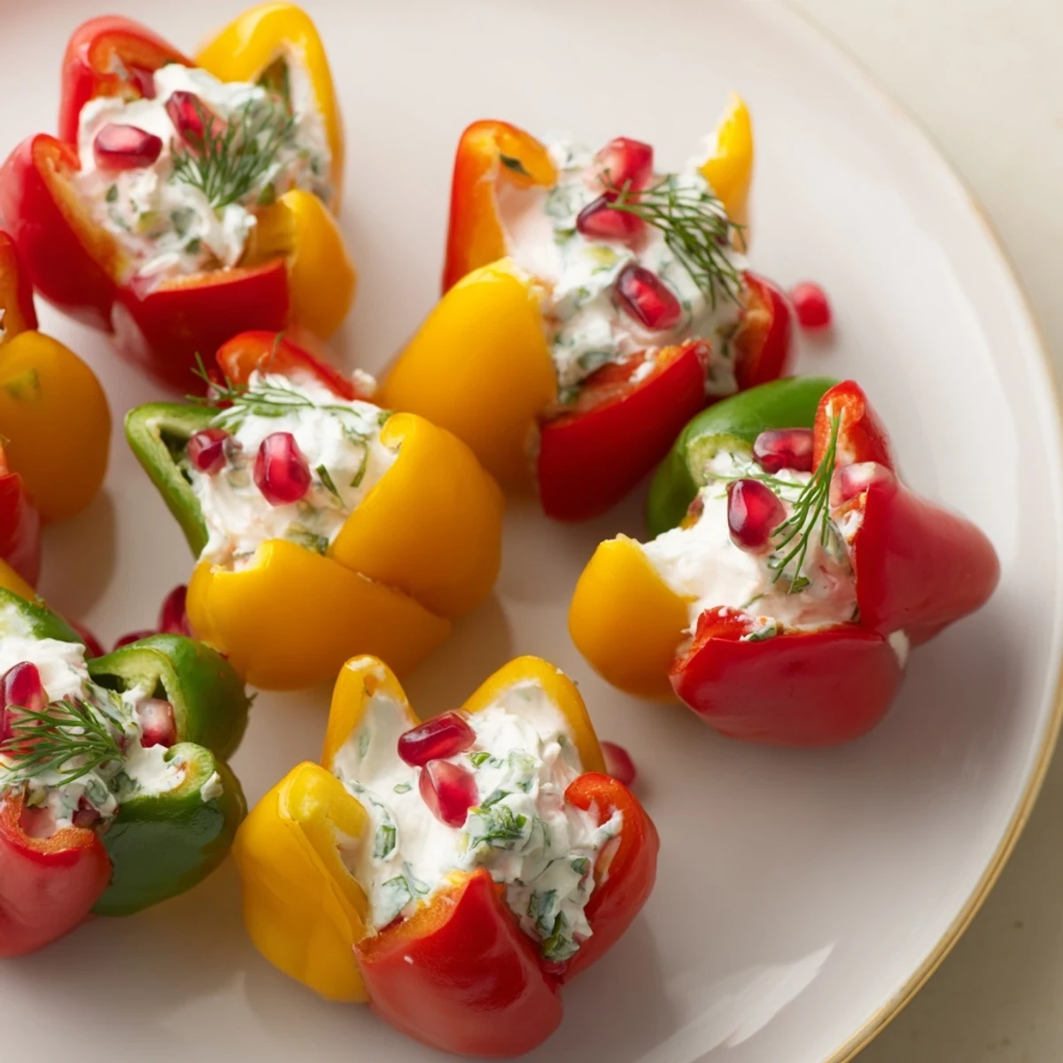 Delightful close-up of Christmas bow appetizer showing bright bell pepper bows ready to be served.