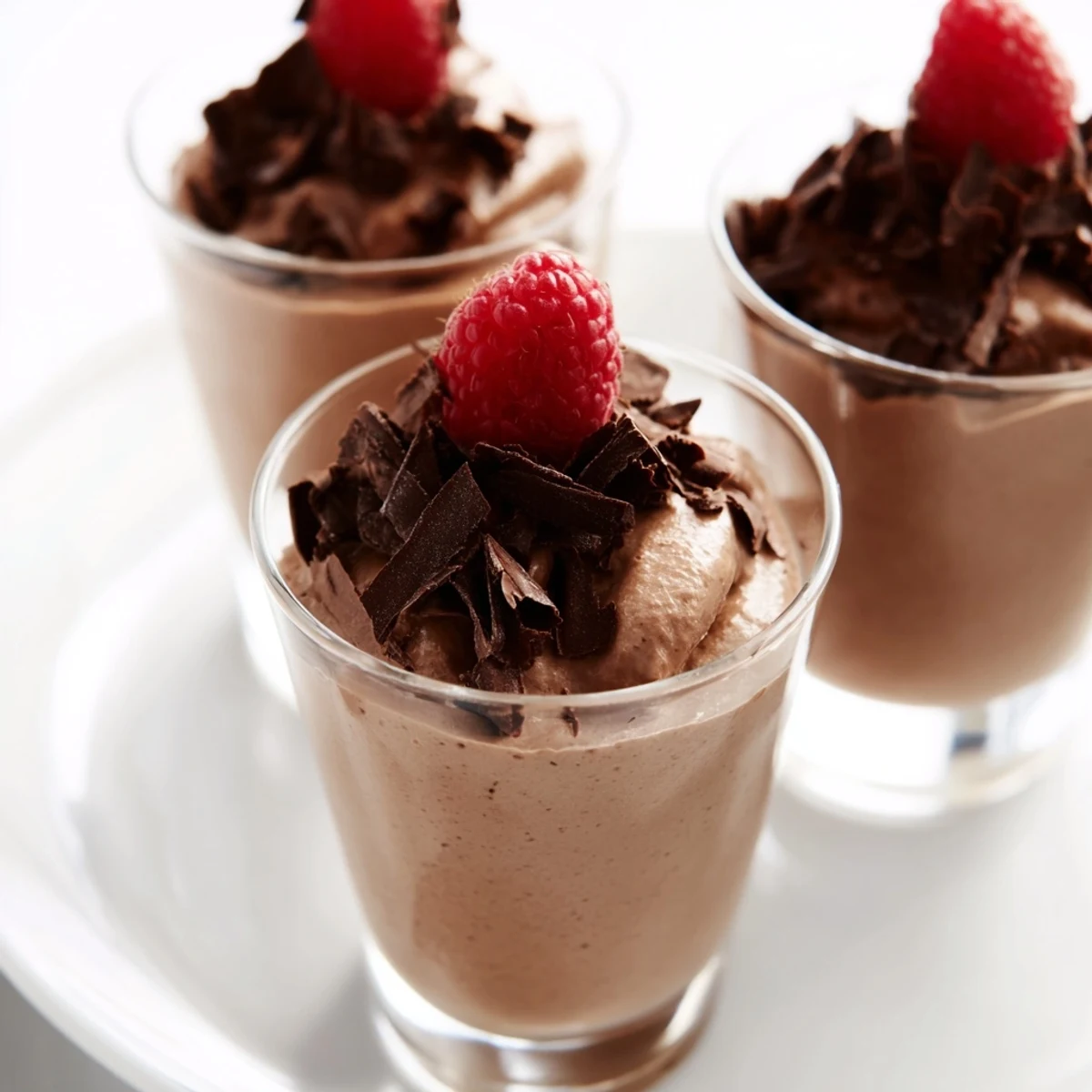 Creamy chocolate mousse dessert cups, boasting a rich, dark chocolate flavor, chilled to perfection.