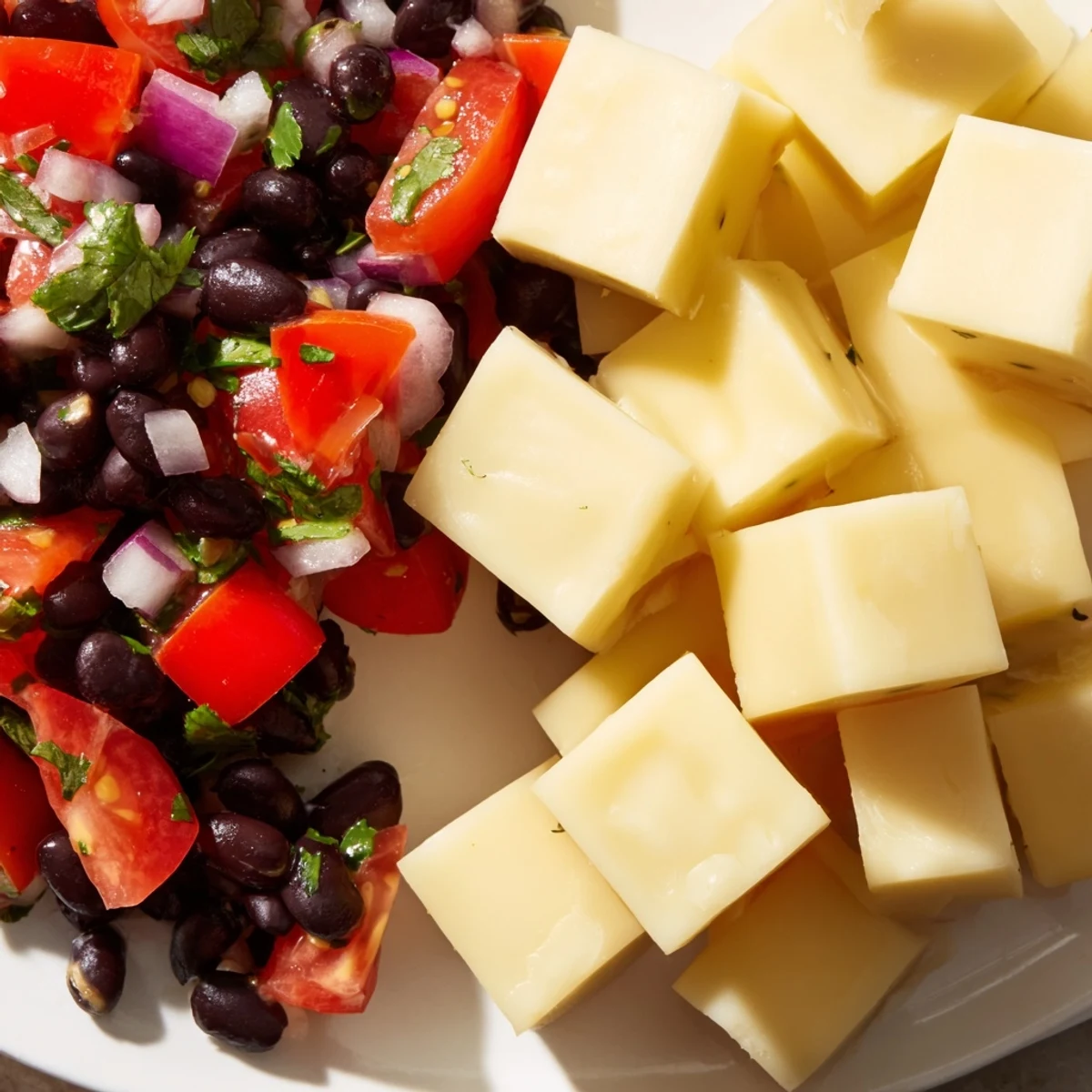 Pepper Jack cheese cubes with vibrant black bean salsa, perfect for a quick and savory appetizer.