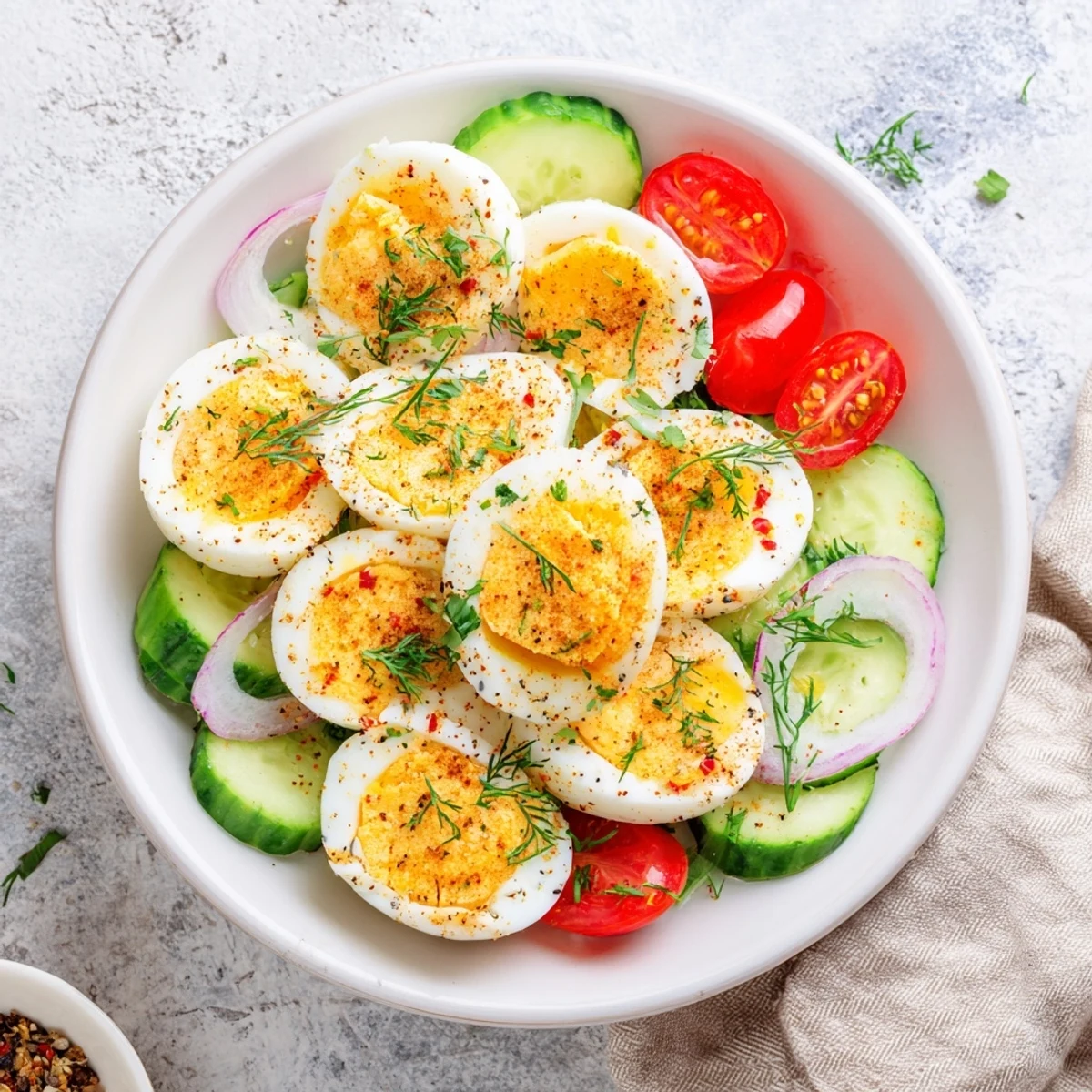 This brunch board showcases hard-boiled eggs, flavorful everything seasoning, and a delightful spread.