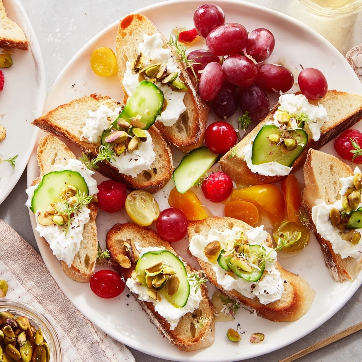 Imagine a close-up of the Zero-Proof Celebration Spread, overflowing with fresh fruit and delicious bites.