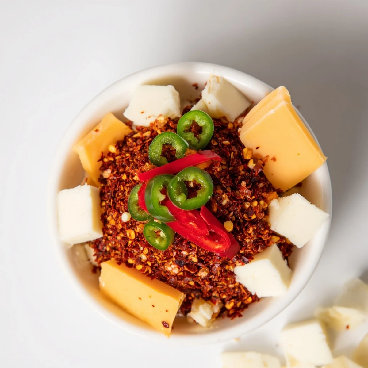 Vibrant The Spicy Hot Take Platter, featuring red peppers and cheeses appealing to spice lovers enjoying the appetizer.